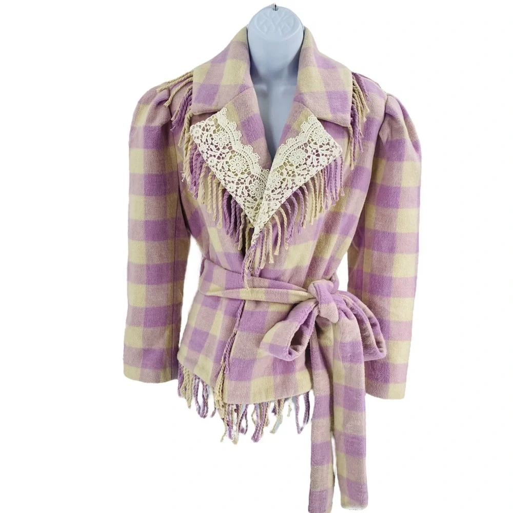 LoveShackFancy NEW Dumont Lilac Plaid Lace Fringe Wool Puff Sleeve Jacket Size S - Picture 1 of 8